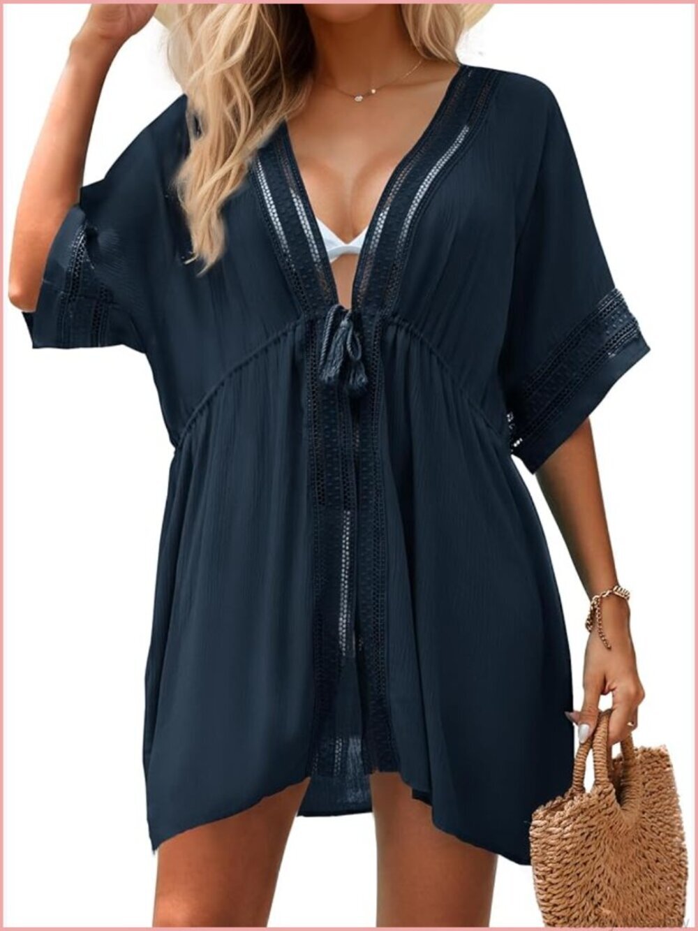 3/4 Bell Sleeve Boho Hollow Out Kimono Cardigan Swim Cover Up